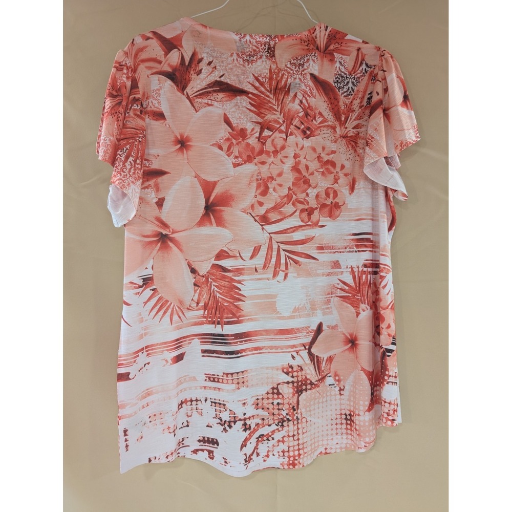 TERRA & SKY 0X 14W Floral Top Pink Coral Short Sleeve‎ Stretch Knit Shirt - Picture 3 of 3
